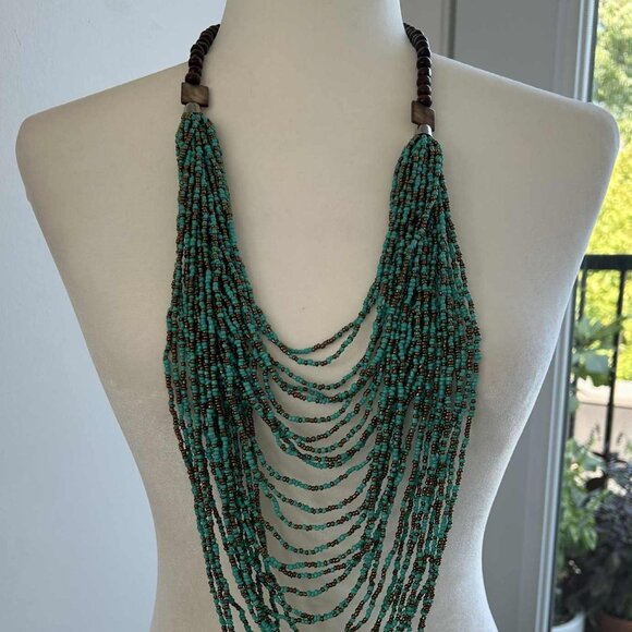 Artisan Turquoise & Bronze Multistrand Seed-Bead Bib Necklace with Wood – US OS - Picture 1 of 5